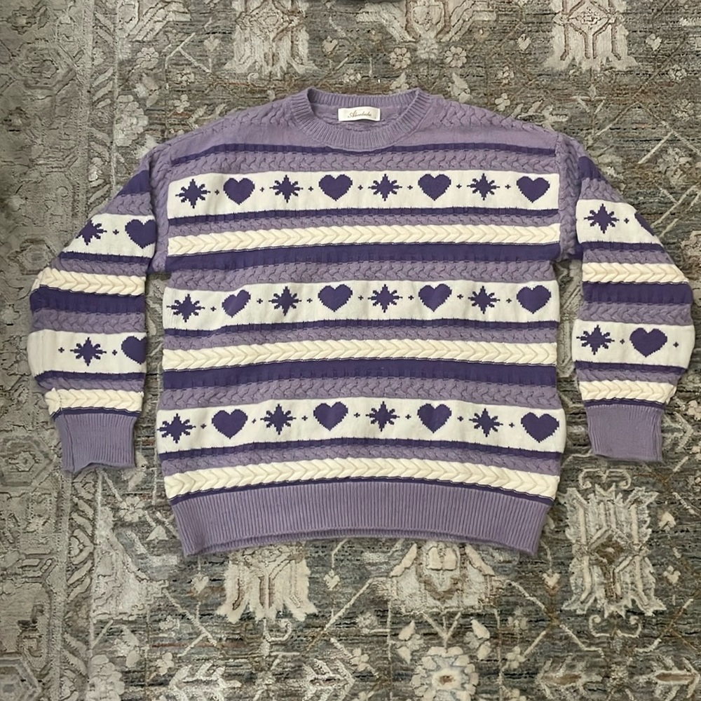 Purple and White Heart Pattern Sweater